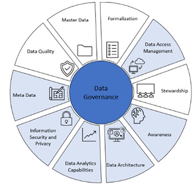 DAMA Data Governance Assessment areas with Data Access Management, Meta Data, Information Security and Privacy, Data Analytics Capabilities, Data Architecture and Awareness.