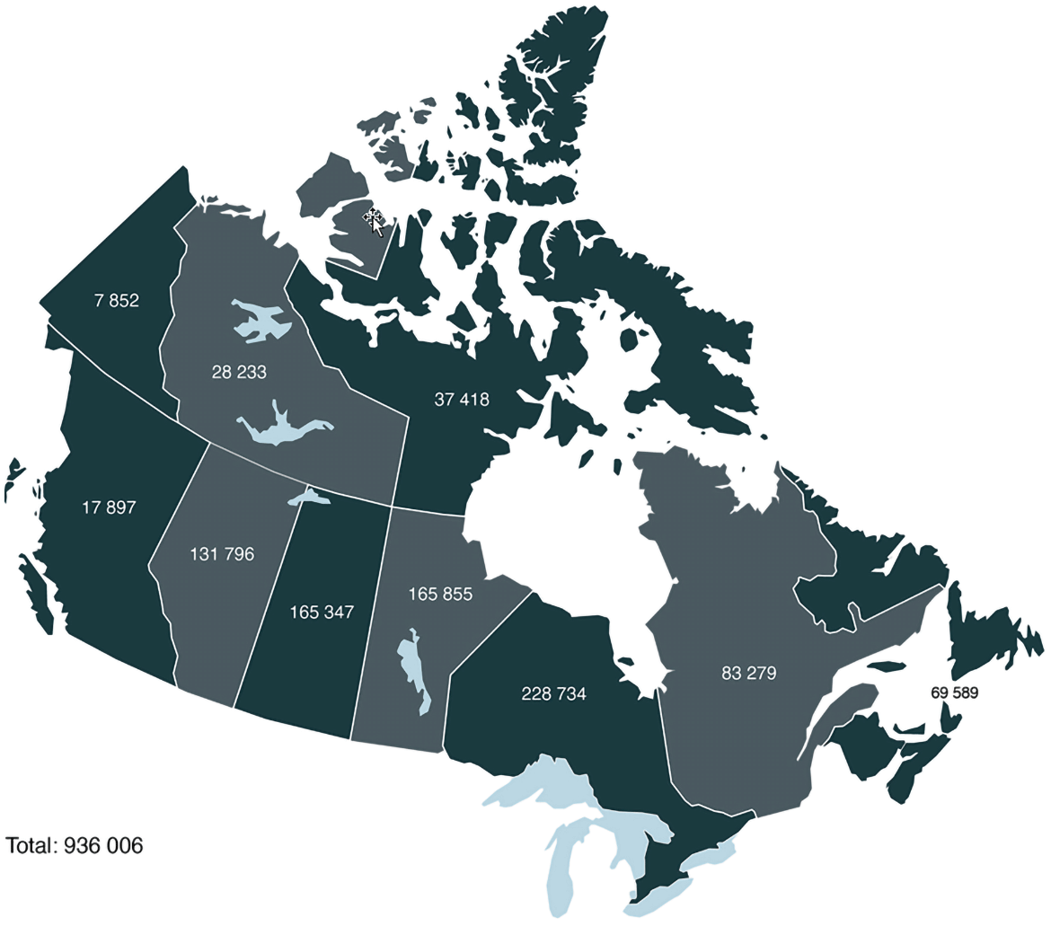 Carte du Canada qui contient les données démographiques