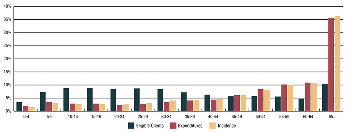 Bar graph showing IHB annual MS&E expenditures and incidence by age group