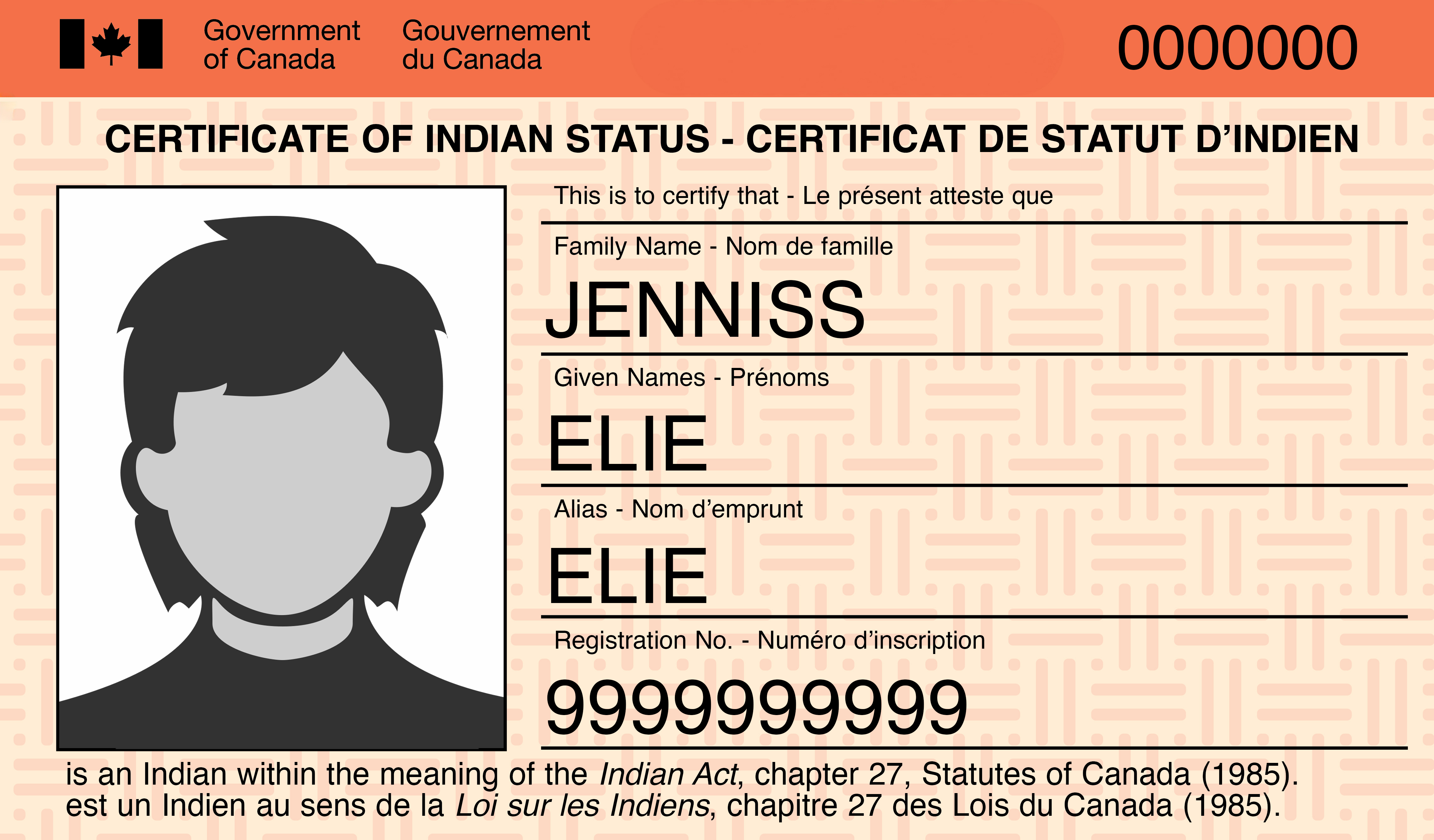 Image du recto d'un certificat de statut d'Indien (CSI)