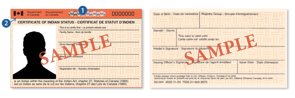 Certificate of Indian Status Front and Back Sample