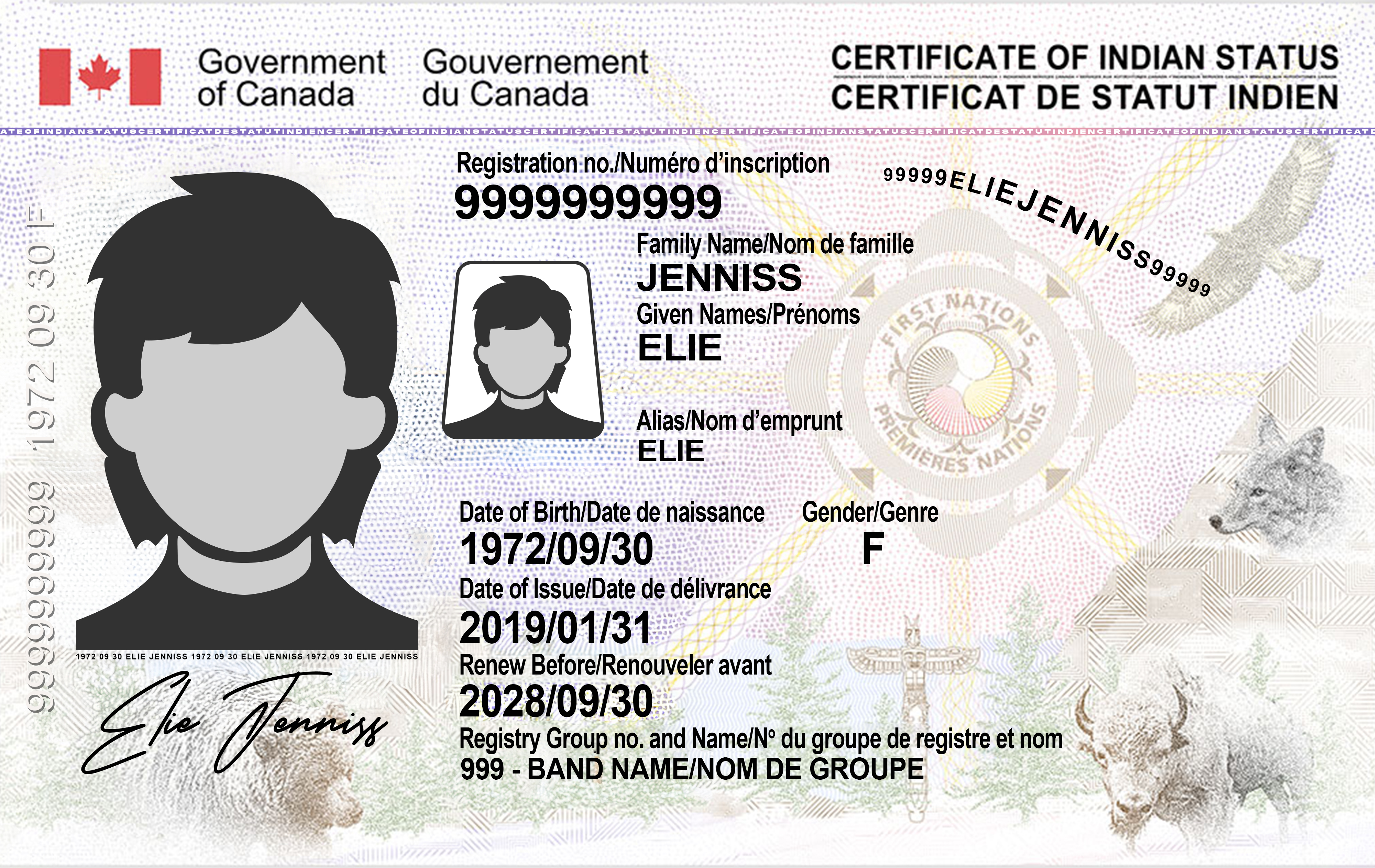 Image du recto d'un certificat sécurisé de statut d'Indien (CSSI)